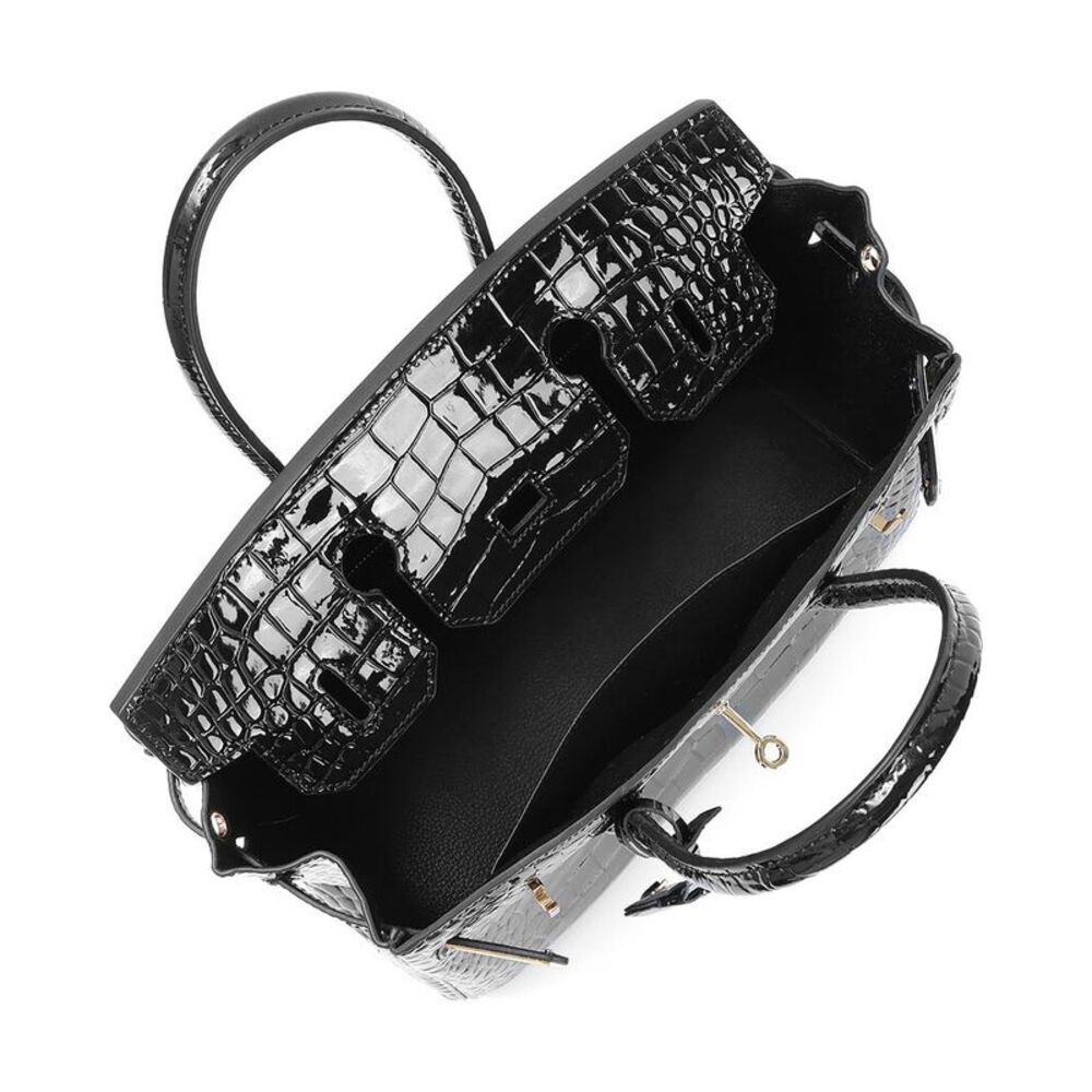 Classic Black Croc-Embossed Satchel with Gold Hardware - Picture 3 of 11